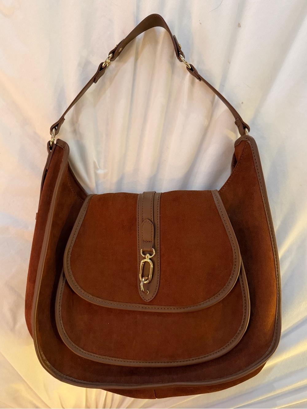Faux Suede Saddle Hobo Shoulder Bag in Chestnut Brown